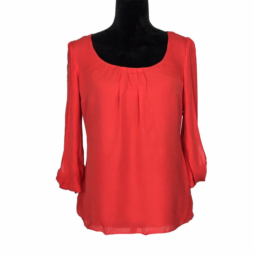 NWT White House Black Market Top 4 Red 100% Silk Gold Embellish Blouse